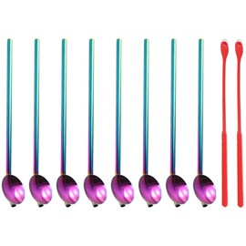 8 Pcs Stainless Steel Drinking Spoon Straws, Reusable Metal Rainbow Color Spoon Straws with 2 Pcs Red Silicone Long Cleaning Brushes for Smoothies and Shakes