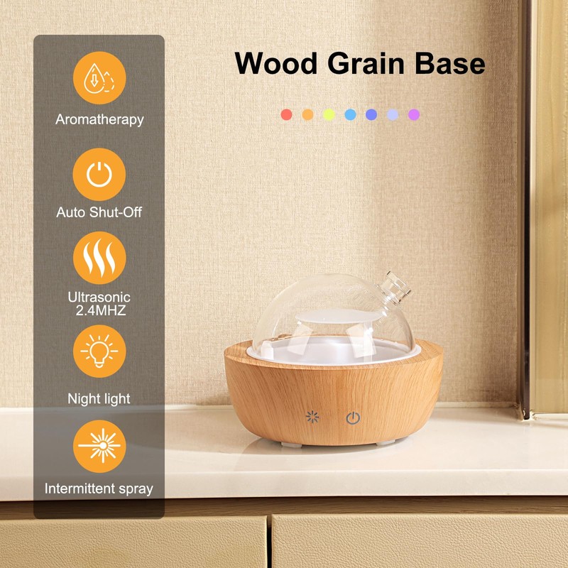 200ml Glass Essential Oil Diffusers for Home, Wood Grain Base
