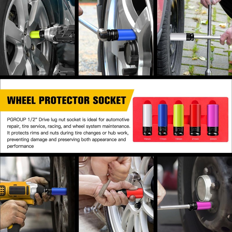 PGROUP 5PCS 1/2" Drive Wheel Protector Impact Socket, Metric(15 17