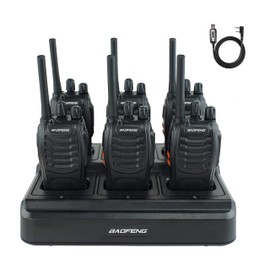 BAOFENG BF-88A Walkie Talkies 6 Way Charger Bulk FRS Radio License-Free Long Range 16 Channels 2 Way Radio with Battery USB C Charging for Team Management, School, Church (6 Pack, Black)