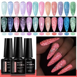 MEET ACROSS Reflective Glitter Gel Nail Polish, Shimmery Gel Polish Set 12 Pcs Sparkly Shiny Gel Soak Off UV LED Nail Art Varnish Manicure Kit DIY at Home