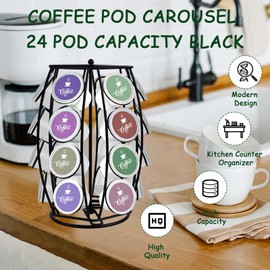 QUTHZZHY K Cups Holder Coffee Pod Holder 360° K Cup Carousel Iron Storage Rack Kitchen Comes All in One PieceOrganizer for Countertop (Capacity of 24 Pods, Black)