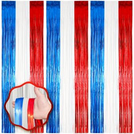 Voircoloria 3 Pack 3.3 x 8.2 ft Red White and Blue Foil Fringe Backdrop Curtains, Tinsel Streamers Party Decorations, Fringe Backdrop for Patriotic, Memorial Day, 4th of July, Independence Day