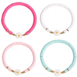 SCRDPRAD Minimalist Daisy Flower Heishi Surfer Colorful Soft Clay Beaded Adjustable Strech Stackable Bohemian Bracelets Set Summer Beach Boho Sweet Y2K Jewelry for Women Teens-set 2