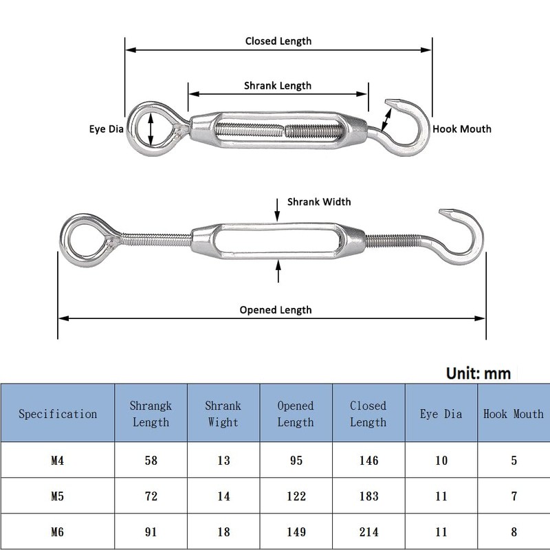 YAMASO 6Pcs M4 Hook & Eye Turnbuckle Wire Rope Tensioner