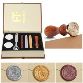 Mingting Wax Seal Stamp Kit,Mingting Classical Old-Fashioned Antique Wax Stamp Seal Kit Initial Letters Alphabet Set Gift Box with Vintage Wooden Handle and Brass Color Head(G)