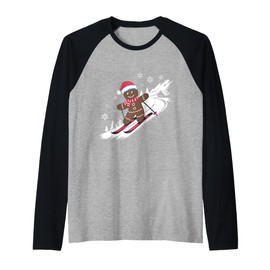 Gingerbread Man Christmas Skiing Down Gifts Winter Xmas Kid Raglan Baseball Tee