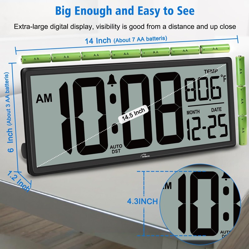 WallarGe Backlight Digital Wall Clock Battery Operated - with Temperature
