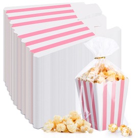 Geyoga 200 Pcs Pastel Pink Popcorn Boxes and Clear Treat Bag Set 3 x 4 Inch Open Top Pastel Pink and White Striped Paper Popcorn Boxes Containers with Treat Bags for Party Favor Supplies