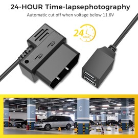 OBD Constant Power Cable,OBD II Power Adapter with Two USB Ports for Dashcam,24/7 Power Supply Mode/Low Voltage Protection,Vehicle OBD 5V 3A Port Charger Cable Compatible with Gar‘min Dash Cam
