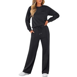 ANRABESS Women 2 Piece Set Long Sleeve Sweatsuit Sweatpants Tracksuit Sweat Casual Matching 2024 Travel Fall Trendy Outfits Black Large