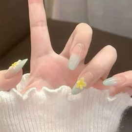 BQZQPAMZ Green Gradient Long Almond Fake Nails Yellow Flower Press On Nails Almond Glossy Floral Design Acrylic Nails for Women DIY Spring Manicure Decoration Supplies-10pcs