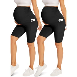 Fotociti - Pantalones cortos de maternidad con bolsillos sobre el vientre, 8 pulgadas para el embarazo, motociclista para yoga, entrenamiento activo, Negro+Negro, M