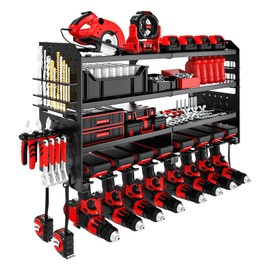 VeyFolzin.st Power Tool Organizer Wall Mount, Metal 4 Layer Heavy Duty Metal Power Tool Storage Rack, Garage Drills Storage Shelves with Screwdriver Holder Plier Holder (Black, 8 Drills Holder)