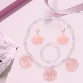 Pink Jewelry Set for Girls Women, Pink Shell Pearl Pendant Necklace Earrings Pink Beads Bracelet, Costume Dress Up Accessories (3 set aldult)