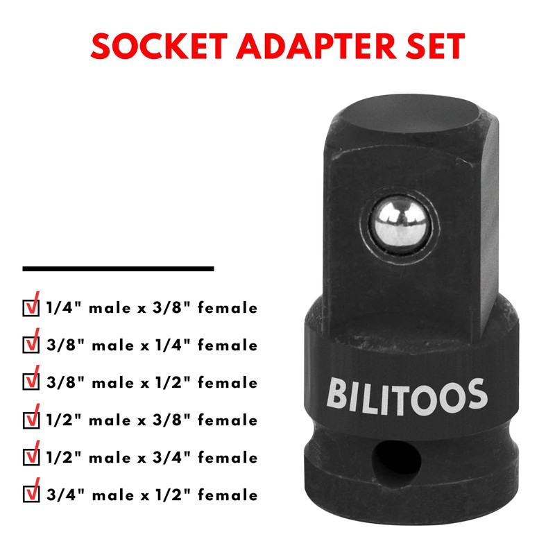 BILITOOLS Socket Adapter Set 17 Piece includes Reducer, Universal Joint