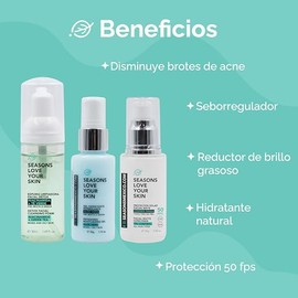 Seasons love your skin Kit Rutina Facial Skincare Control Grasa Tratamiento Antiacné | Espuma limpiadora Facial + Hidratante Aloe Vera + Bloqueador Ni