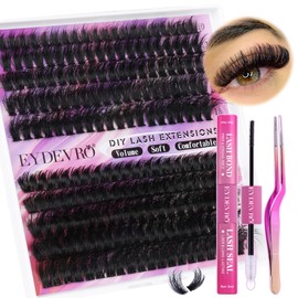 EYDEVRO Cluster Lashes D Curl Fluffy Individual Eyelashes Lash Extension Kit Volume Thick 200 Pcs Cluster Lashes Kit Eyelash Extension Kit with Lash Glue Bond and Seal Lash Tweezers(60D 80D, 10-18mm)