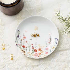 Crisky Initial Jewelry Tray Ring Dish & Gift Box, Ceramic Flower Trinket Dish for Rings Earrings Necklaces Keys, Bridal Shower Engagement Birthday Gift for Women, Friends 4.57" (Gold Foil A