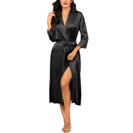 Ekouaer Bathrobe Women's Satin Lightweight Dressing Gown Long Luxury High Quality Bridesmaid Dress Wedding Party Kimono Silk Robes 3/4 Sleeves Soft and Lightweight Loungewear with Pockets S-XXL, black