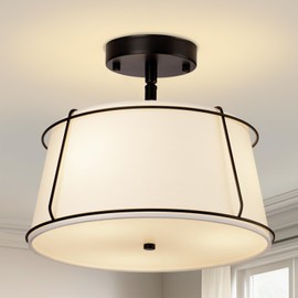 Scyvenra Semi Flush Mount Ceiling Light, 3-Light Close to Ceiling Light Fixtures, Matte Black Kitchen Light Fixtures with Linen Fabric Shade, Hallway Light Fixtures Ceiling Mount for Foyer Entryway