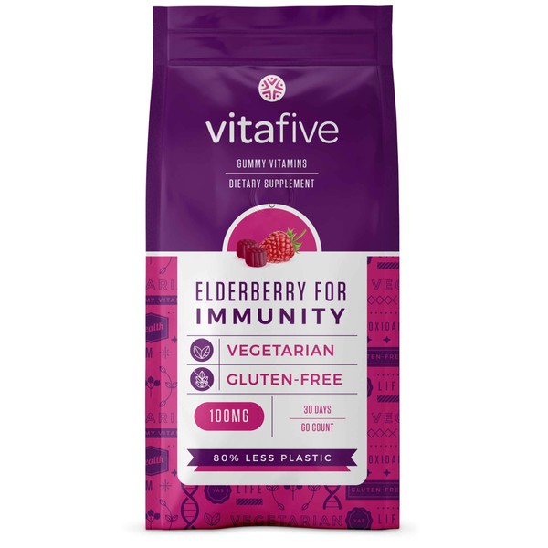 Vitafive Elderberry Gummies Immune Support Gummy Vitamins - Natural Berry Flavor, 100mg Black Elder Immunity, Vitamin C, Zinc, Vegetarian, Gluten Free, Allergen Free, Kosher, Halal - 60 Count