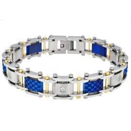 Blackjack Jewelry Mens Blue And Gold Stainless Steel Bracelet With Cubic Zirconia