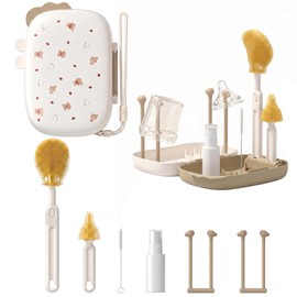 Meajax Cepillo para Biberones 7 en 1, Kit de Limpieza para Mamilas con Cepillo de Silicona Suave, Limpiador de Popotes, Dispensador de Jabón, Escurrid