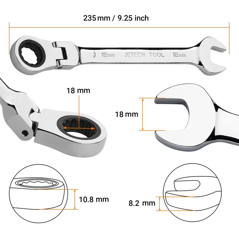 Jetech 18mm Flex Head Ratchet Wrench, 12PT 72 Tooth Metric