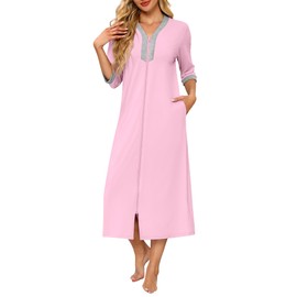 Ekouaer Women's Zipper Robe 3/4 Sleeves Housecoat Full Length Nightgown Soft Loungewear Robe with Pockets(Pink, 3X-Large)