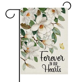 Dyrenson White Magnolia Memorial Decorative Garden Flag, Forever in Our Hearts Flowers Yard Outside Cemetery Home Decorations, Spring Summer Floral Butterfly Outdoor Small Decor Double Sided 12 x 18