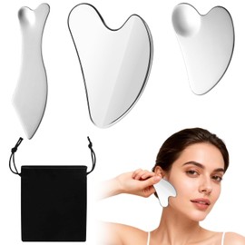 Kit Profesional de 3 Piezas Guasha Facial + Dermaroller - Herramientas Gua Sha en Acero Inoxidable, Washa Facial para Contorno Facial y Corporal, Incluye Bolsa de Viaje