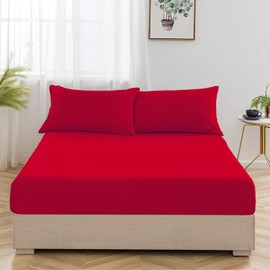 Oxford Homeware Red Super King Fitted Sheets -100% Brushed Microfibre 1800 Easy Care 25 cm Deep Bed Sheet Cover - Shrinkage and Fade Resistance