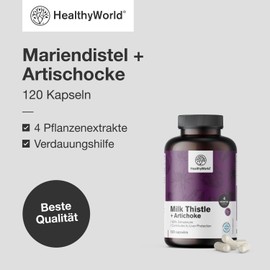 HealthyWorld® Milk Thistle + Artichoke Capsules - Liver Support & Detoxification - 120 Plant Capsules - 4 Month Supply - High Dose with 80% Silymarin - With Artichoke, Dandelion and Desmodium