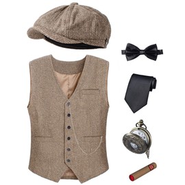 1920s Mens Costume Vest Hat Pocket Watch Accessories Set Adult Party Cosplay Brown Large