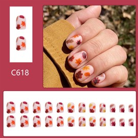 Square Press on Nails Short Fake Nails Fall False Nails with Maple Leaf Design Matte Acrylic Nails Full Cover Artificial Nails Autumn Nails Glue on Nails Stick on Nails for Women 24Pcs