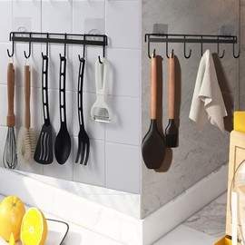 Pack of 2 Hook Rack for Kitchen Utensils, No Drilling Hanging Rack for Kitchen Utensils, Kitchen Utensil Organiser Rack with 6 Hooks, Kitchen Utensil Holder for Kitchen/Bathroom (Black)