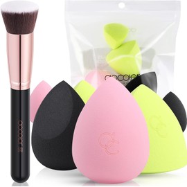 Docolor 6 + 1 esponjas de maquillaje con brocha Kabuki de base plana, multicolor, sintético, para líquido, crema y polvo, difuminar maquillaje, aplicar cosméticos líquidos o en crema, polvo