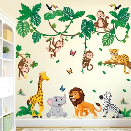 DECOWALL DS12-8069 Jungle Animal Cartoon Wall Sticker Children's Wall Sticker Children's Room Girls Boy Baby Tree Forest Home Lion Tiger Monkey