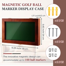 Silipull 40 Golf Ball Marker Display Case Full Magnetic Backing 15.5 W x 9.5 H Wall Mount Wooden W/98% UV Acrylic Door Lockable Storage Display Box for Ball Marker Collection(Brown)