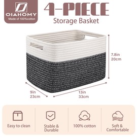 OIAHOMY 4 Pack Storage Baskets for Organizing, Basket for Shelves with Handle, Woven Baskets for Storage Toys, Towels, Books, Cotton Rope Basket 13" L x 9 " W x 7.8 " H, Black & White