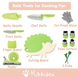 Kibbidea Kid Knife Set for Real Cooking, Kids Safe Cooking Knives with Cutting Board and Peeler, Stainless Steel Kids Safe Kitchen Knife Set for Real Food (Green)