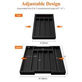 Expandable Bamboo Kitchen Drawer Organizer Utensil Tray Black Wood Silverware Organizer Adjustable Wooden Cutlery Tray for Fork Spoon Organizer Large Cooking Utensil Holder Drawer Flatware Organizer