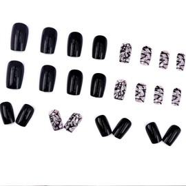 Black Press on Nails Short, Bling Marble Design Medium Square Fake Nails -False Nails Tips Glossy Natural Full Cover Stick on Nails, Reusable Glue on Acrylic Nails for Women Manicure DIY Decoration