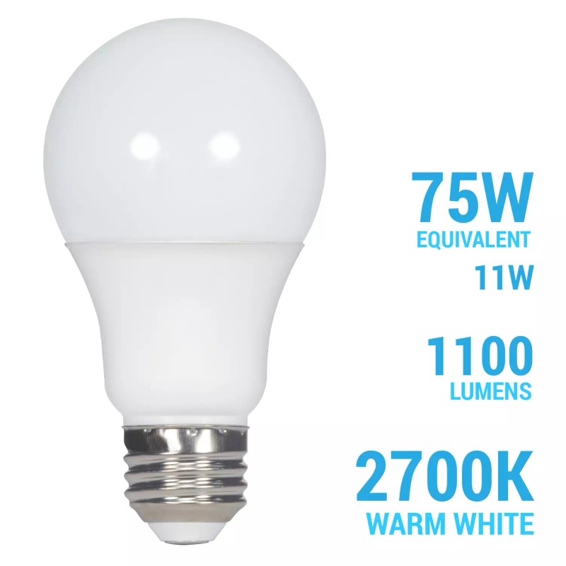 Satco 11W=75W Dimmable 1100 Lumens A19 LED 27K Warm White