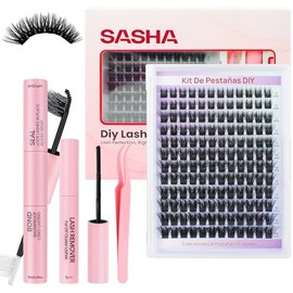 SASHA Pestañas Postizas Kit Completo 50D, Curvatura C, 144 Racimos  Mink Sintético 10-18mm,Incluye Pegamento,Removedor y Pinza, Pestañas Postizas...  