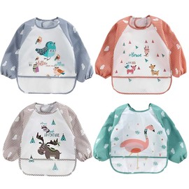 Bibs for Weaning, Pack of 4 Baby Bibs with Long Sleeves with Large Pocket, Waterproof Children's Bibs Baby Bibs Set, Bibs for Breastfeeding, Waterproof and Easy to Clean