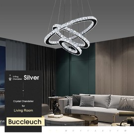 Buccleuch Modern Crystal Chandelier, Dimmable LED Pendant Light Fixture 3-Ring Adjustable Stainless Steel Ceiling Light, Silver Crystal Chandeliers for Dining Room, Bedroom, Living Room - ETL Listed
