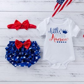 Infant Baby Girl Shorts Outfit Set 4th of July Romper + Bloomer+ Headband Independence Day Summer 3PCS Clothes Sets (Little Miss,0-3 Months,)
