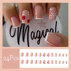 Christmas Snowflake Press on Nails Short Square Fake Nails Red Glitter Xmas Lantern Glue on Nails White French Tips False Nails Winter Christmas Nails Decor for Women Girls Holiday Manicure 24pcs